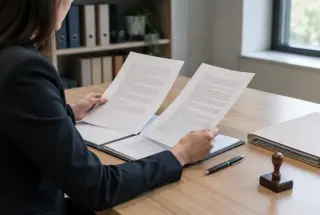 Traducteur juridique examinant deux versions linguistiques d’un document administratif sur un bureau professionnel, avec un tampon officiel et des dossiers en arrière-plan.
